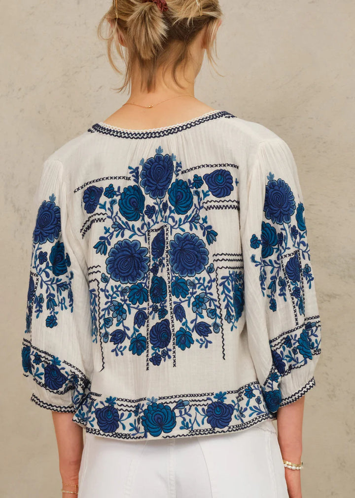 Greta Emb Jacket - Ecru/ Blue
