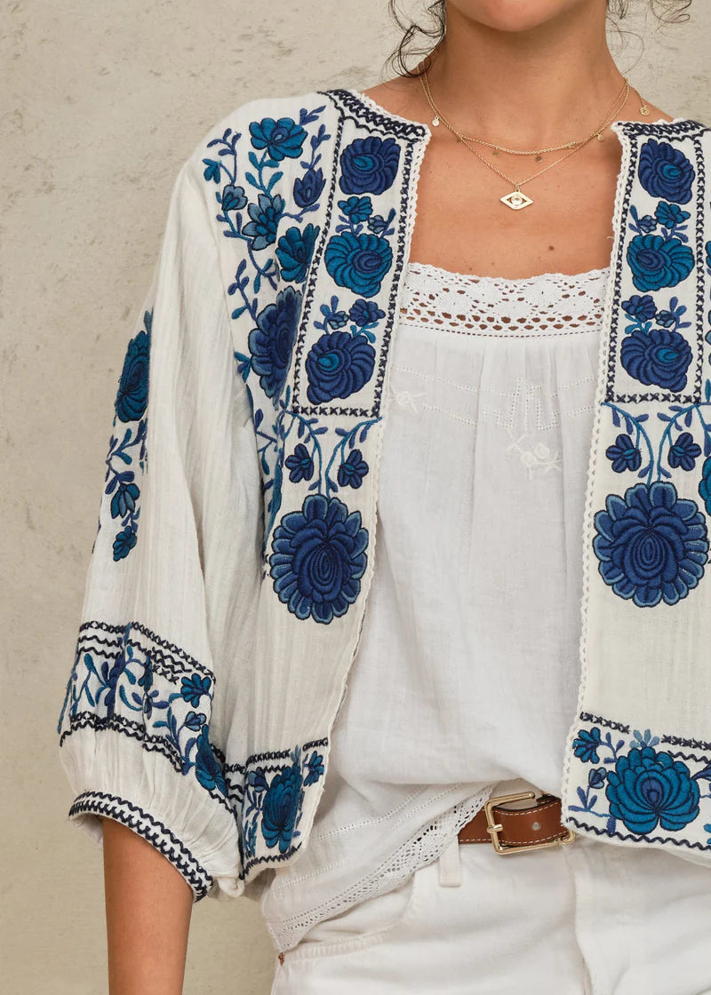 Greta Emb Jacket - Ecru/ Blue