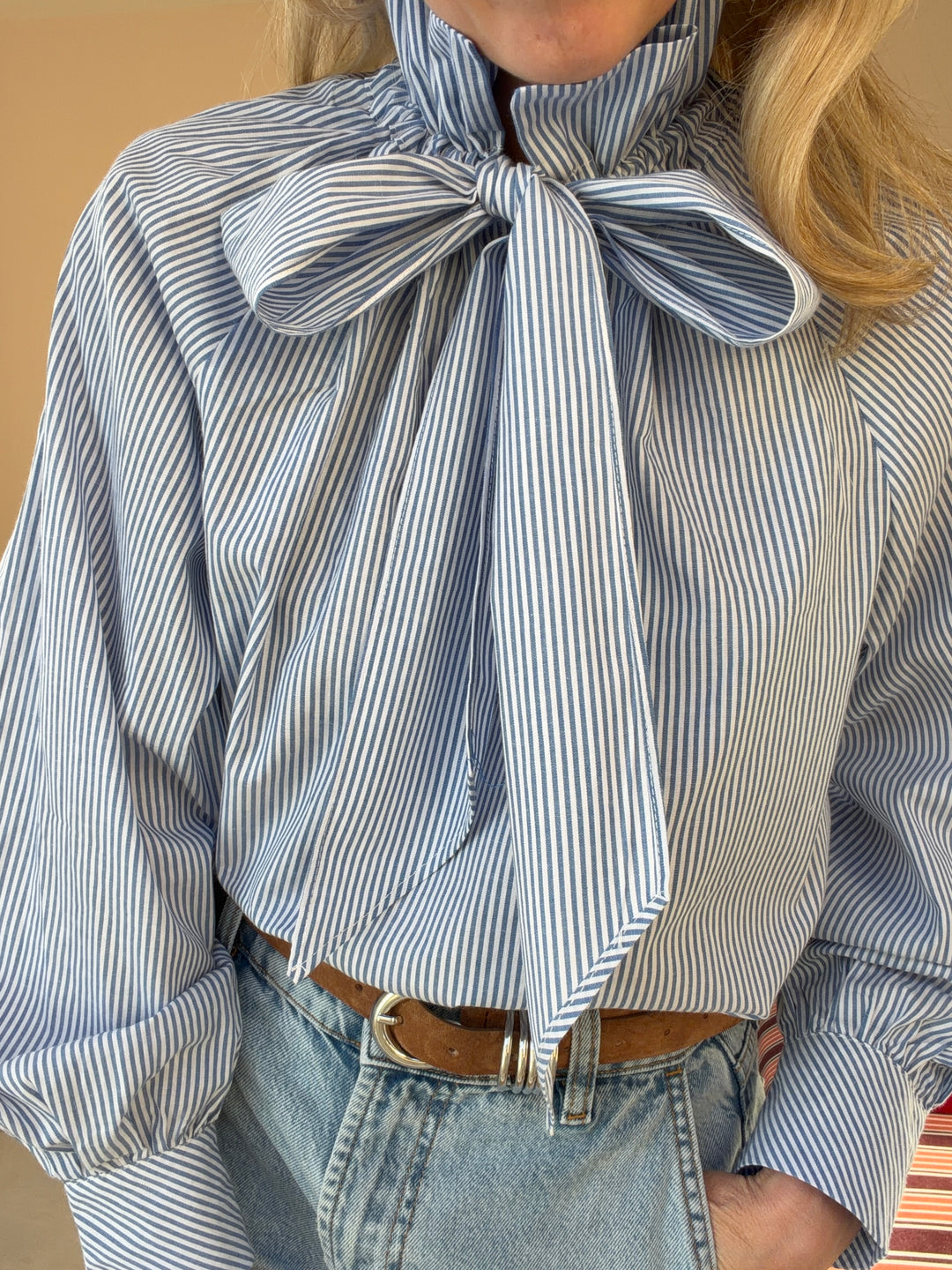 Constance Blue & White Stripe Tie Neck Blouse
