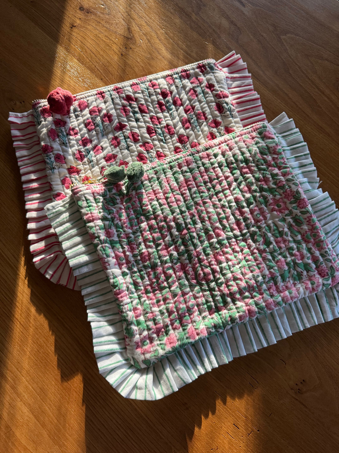 Millie Frill Pouch - Green & Pink Flowers
