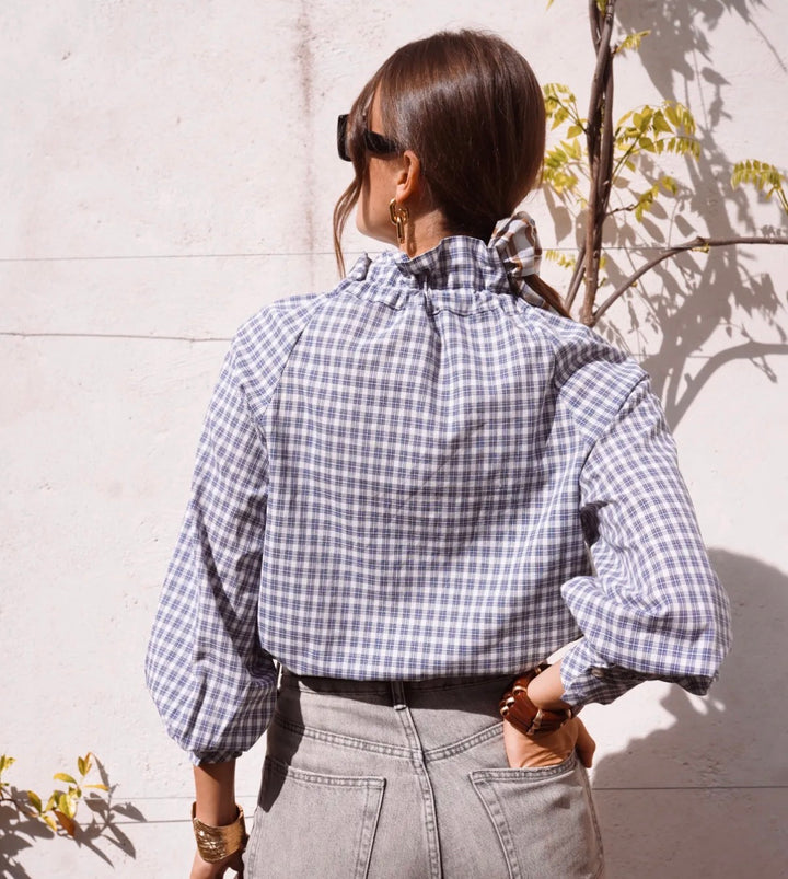 Constance Blue Check Tie Neck Blouse