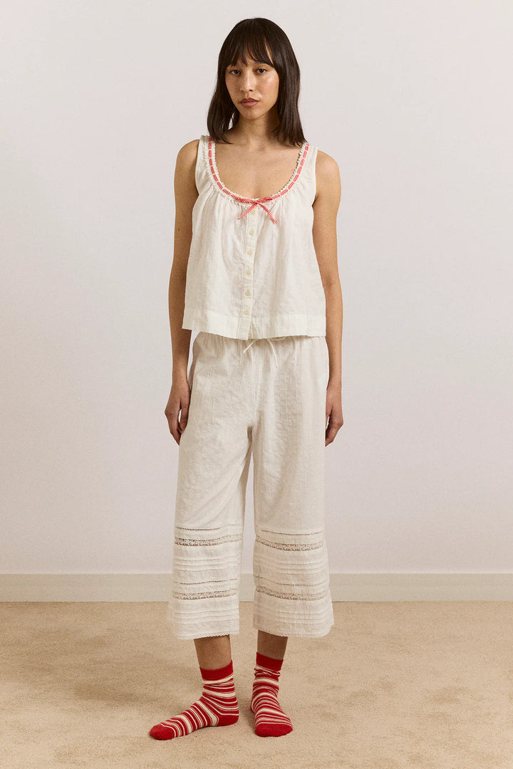 Elodie Trousers - White With Red Gingham Tie