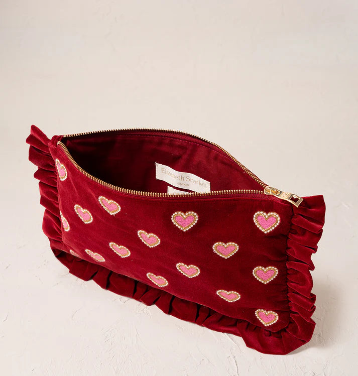 Love Hearts Velvet Frill Pouch - Rouge