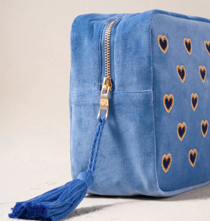 Love Hearts Velvet Wash Bag - Cornflower Blue