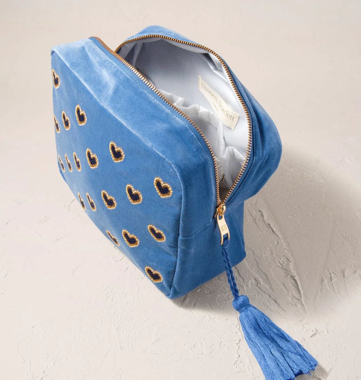Love Hearts Velvet Wash Bag - Cornflower Blue