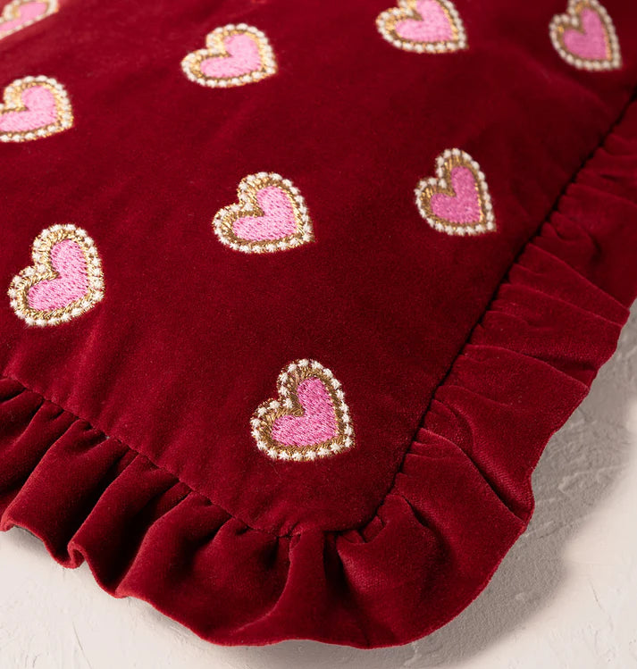 Love Hearts Velvet Frill Pouch - Rouge