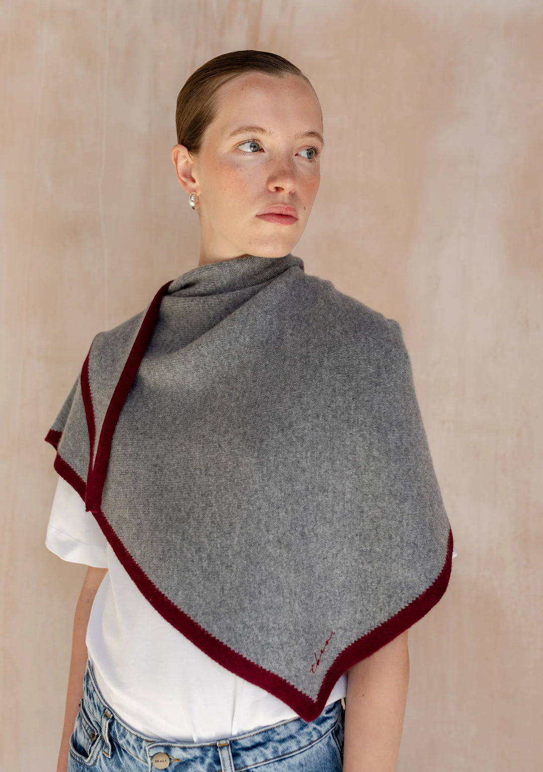 Large Merino Wool Triangle Scarf - charcoal and burgundy tipped