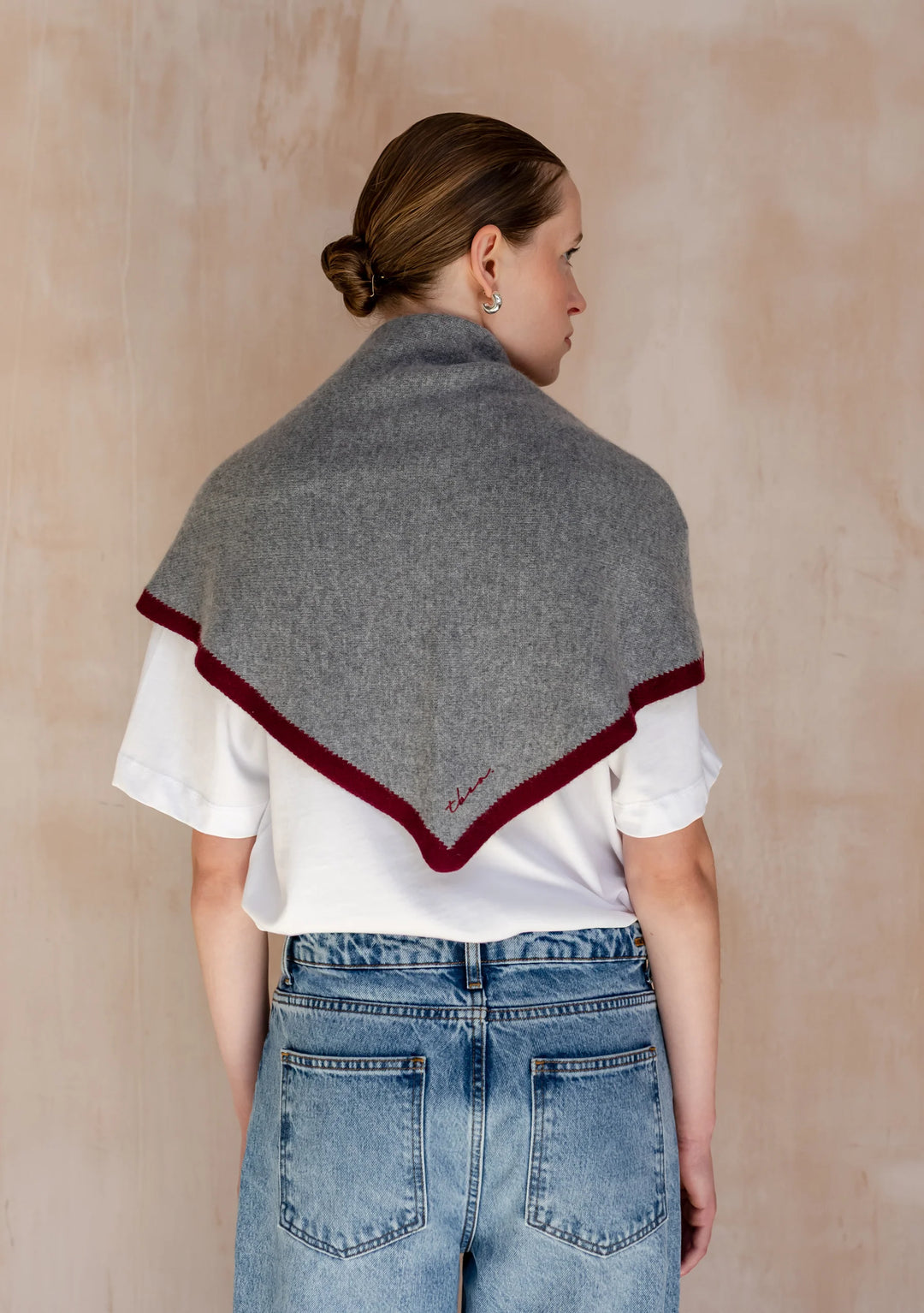 Large Merino Wool Triangle Scarf - charcoal and burgundy tipped