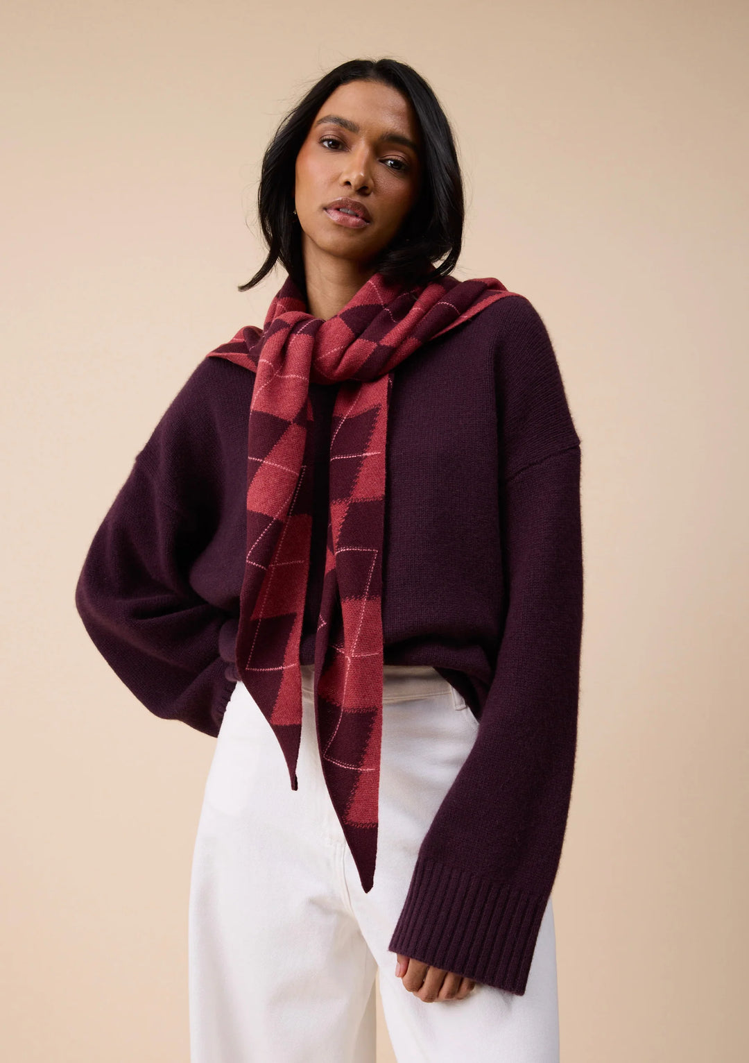 Large Merino Wool Triangle Scarf Berry Argyle