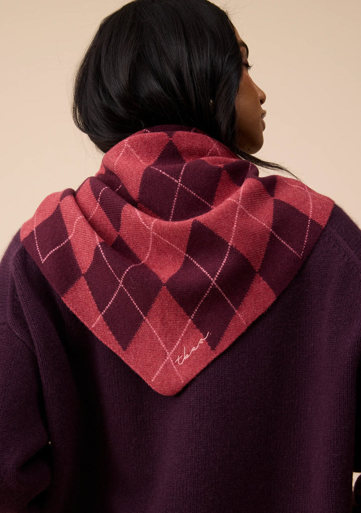 Large Merino Wool Triangle Scarf Berry Argyle