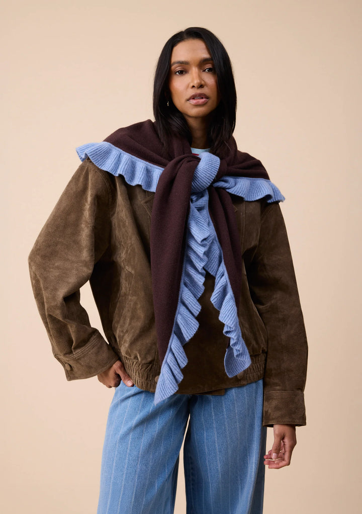 Large Merino Wool Triangle Scarf Brown Ruffle
