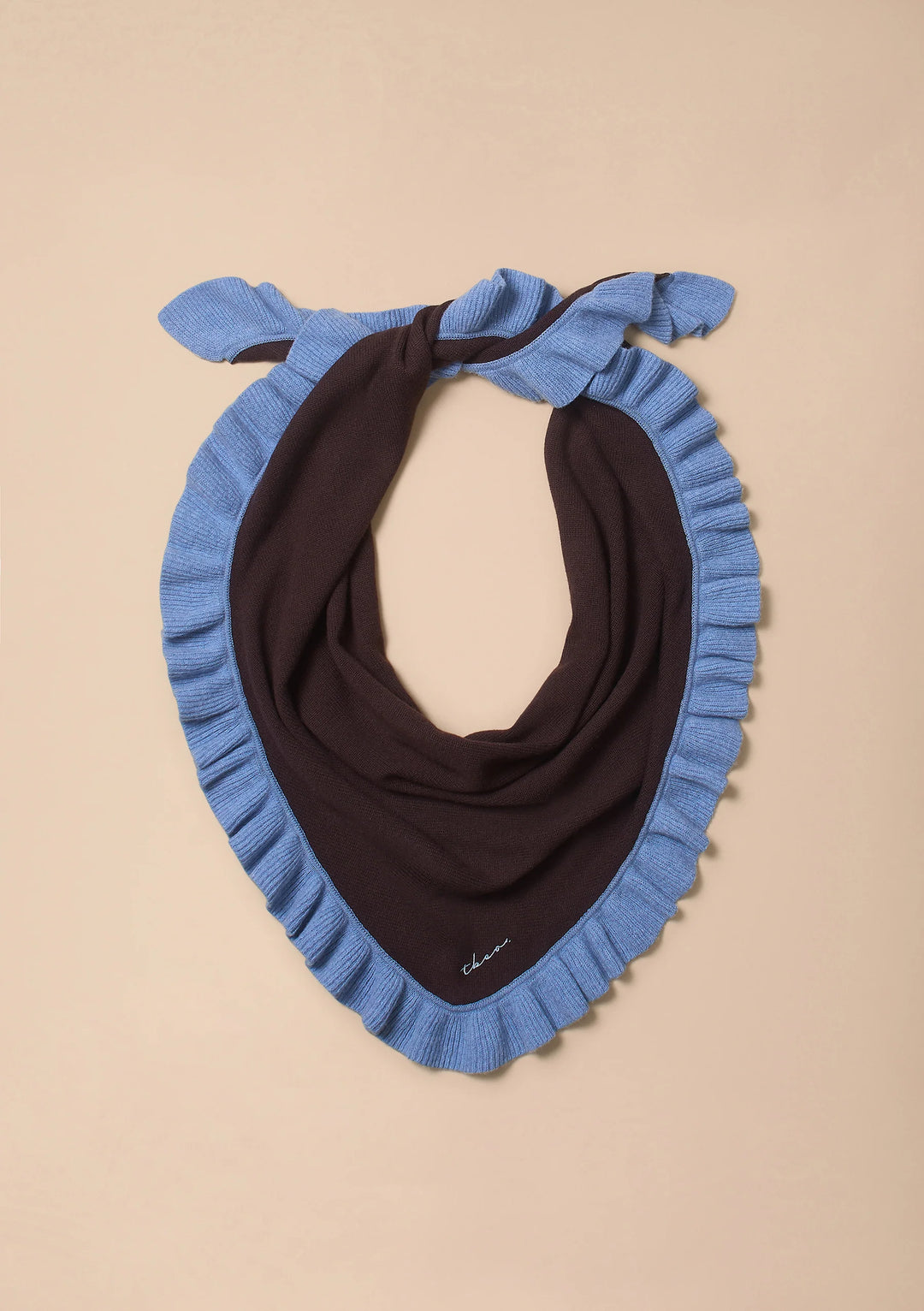 Large Merino Wool Triangle Scarf Brown Ruffle