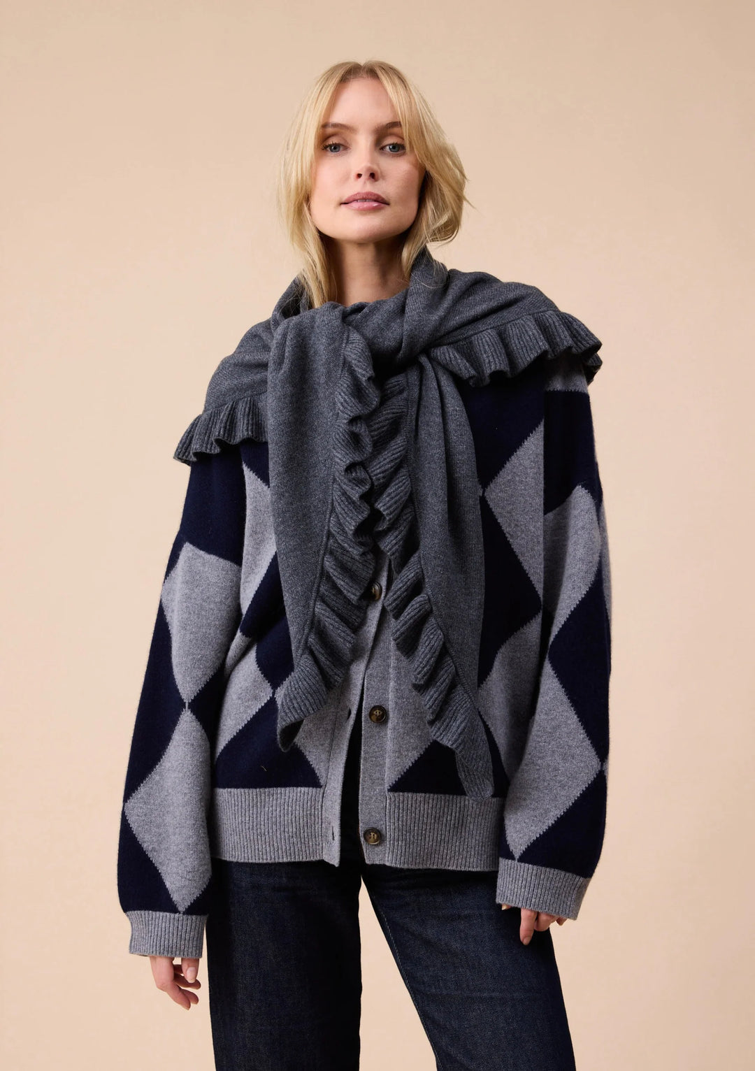 Large Merino Wool Triangle Scarf Grey Ruffle