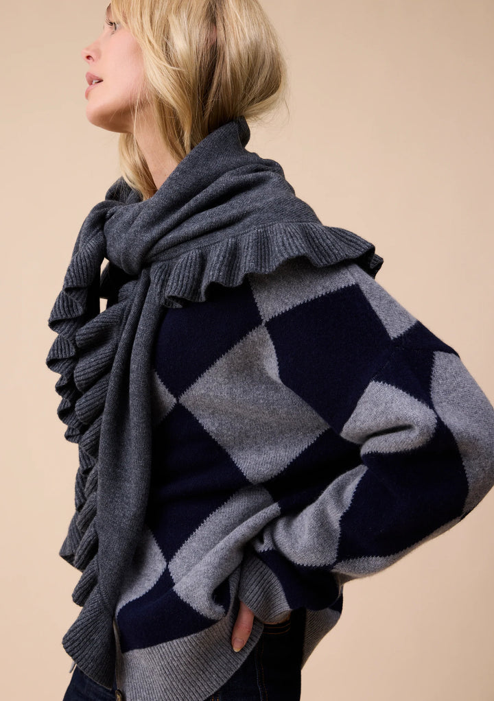 Large Merino Wool Triangle Scarf Grey Ruffle