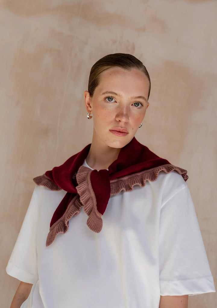 Merino Wool Triangle Scarf Small Burgundy Ruffle