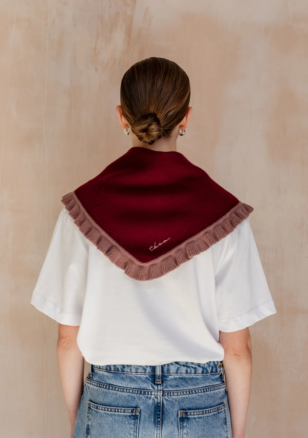 Merino Wool Triangle Scarf - small burgundy ruffle