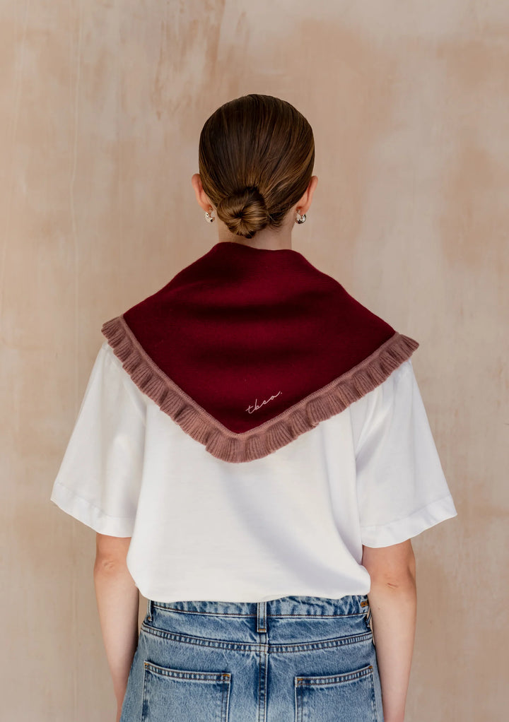 Merino Wool Triangle Scarf - small burgundy ruffle