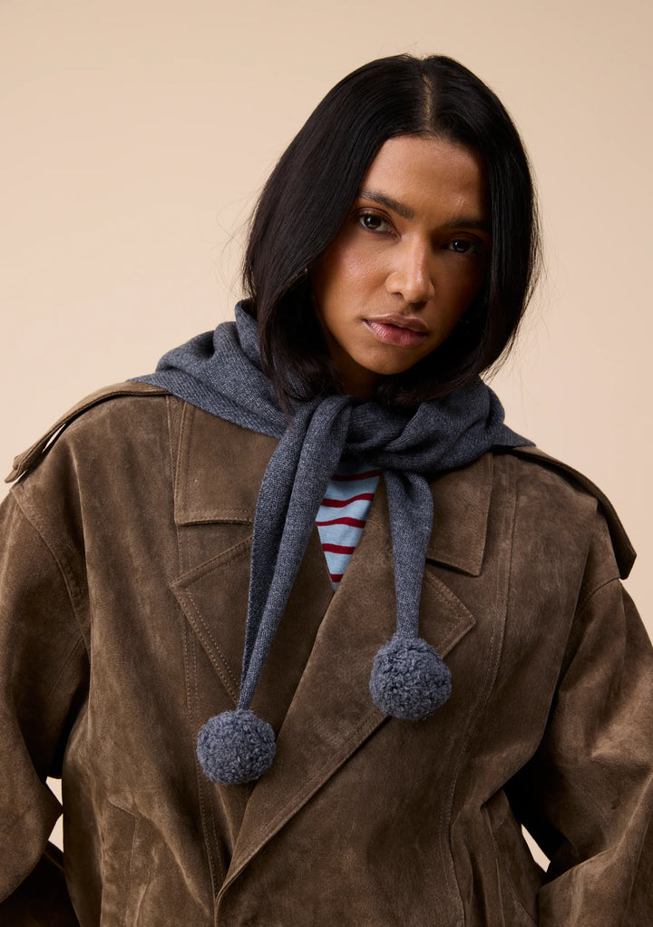 Small Merino Wool Triangle Scarf Grey Pompom