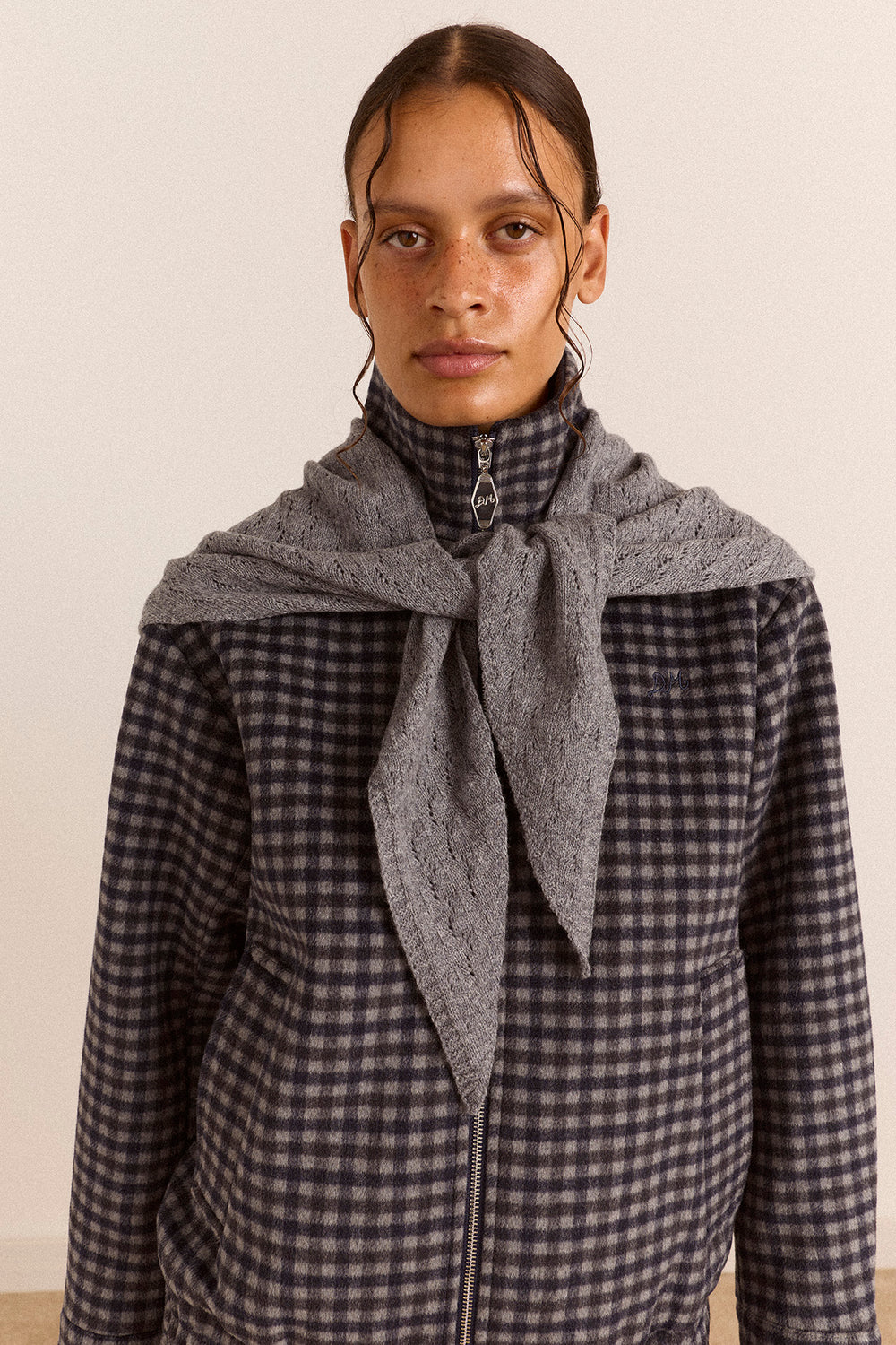 Large Pointelle Triangle Scarf Grey