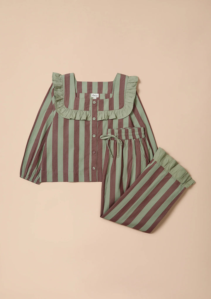 Cotton Pyjamas Sage &amp; Brown Stripe