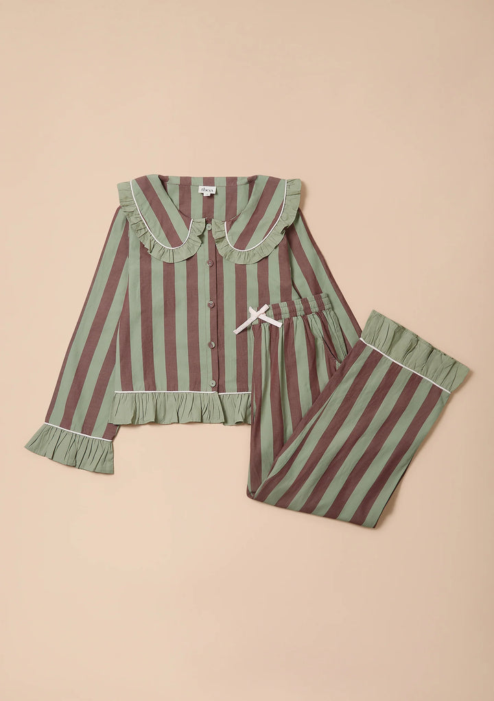 Cotton Pyjamas Sage &amp; Brown Stripe