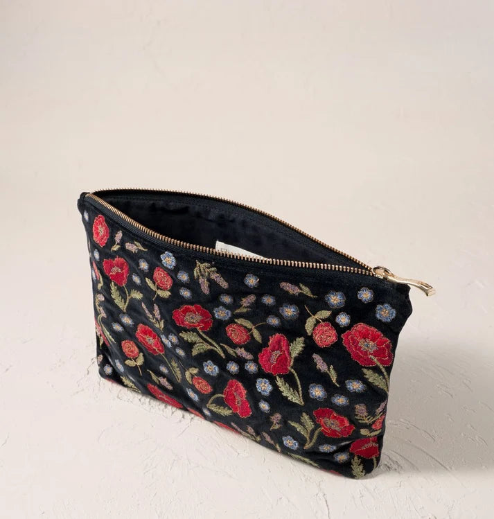 Poppy Meadow Velvet Everyday Pouch - Charcoal
