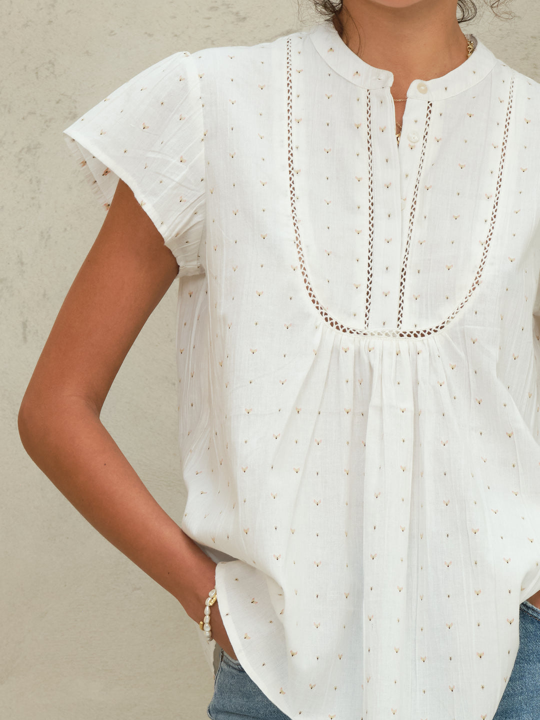 Rita Woven Short Sleeve Top - Ecru/Multi