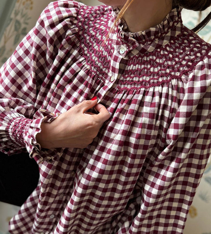 POM x Smock London Scholl Blouse Mulled Wine Gingham