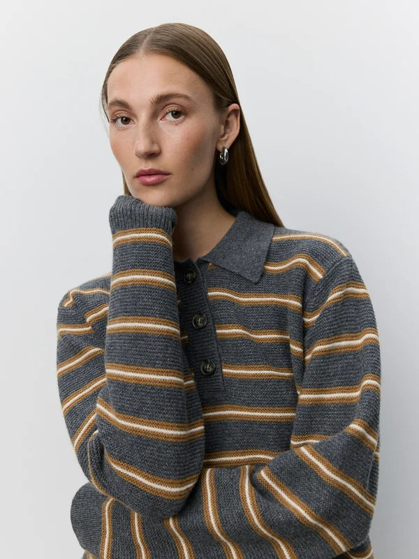 Storma Striped Knitted Polo - Dark Grey Melange