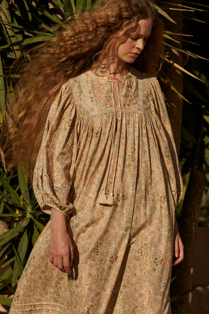 Shiva Dress Cotton Gold Lurex - Green Shiva