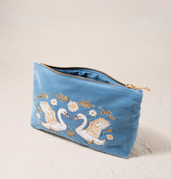 Swan Garden Mini Pouch - Dusky Blue Velvet