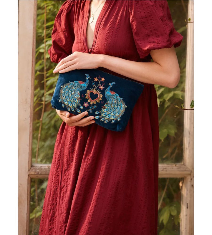Peacock Floral Velvet Everyday Pouch - Ink Blue