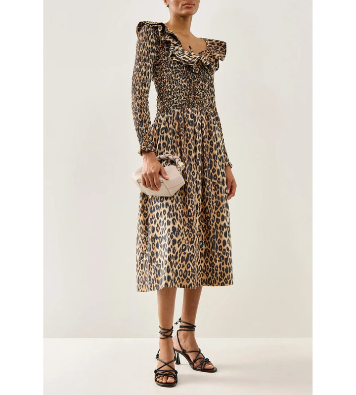 Harper Shirred Midi Dress - Leopard