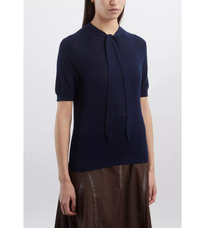 Ribbed Pointelle Tee - Navy