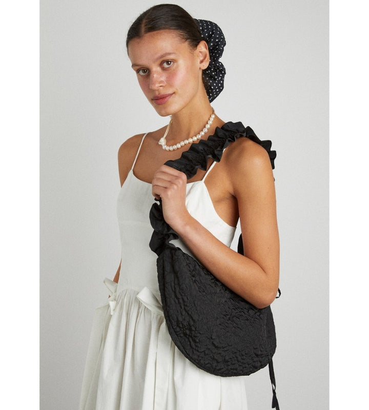 Embroidered Rose Ruched Kidney Bag