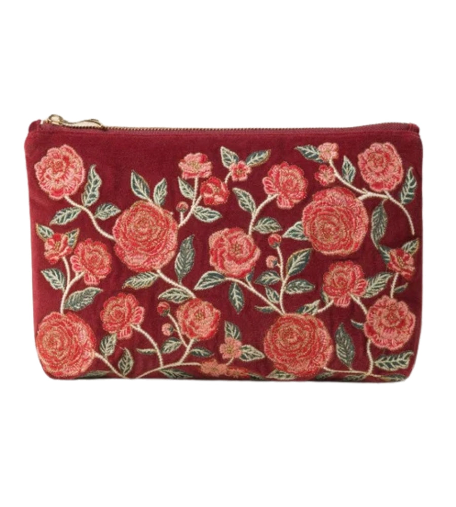 Camellia Romance Velvet Everyday Pouch - Cranberry