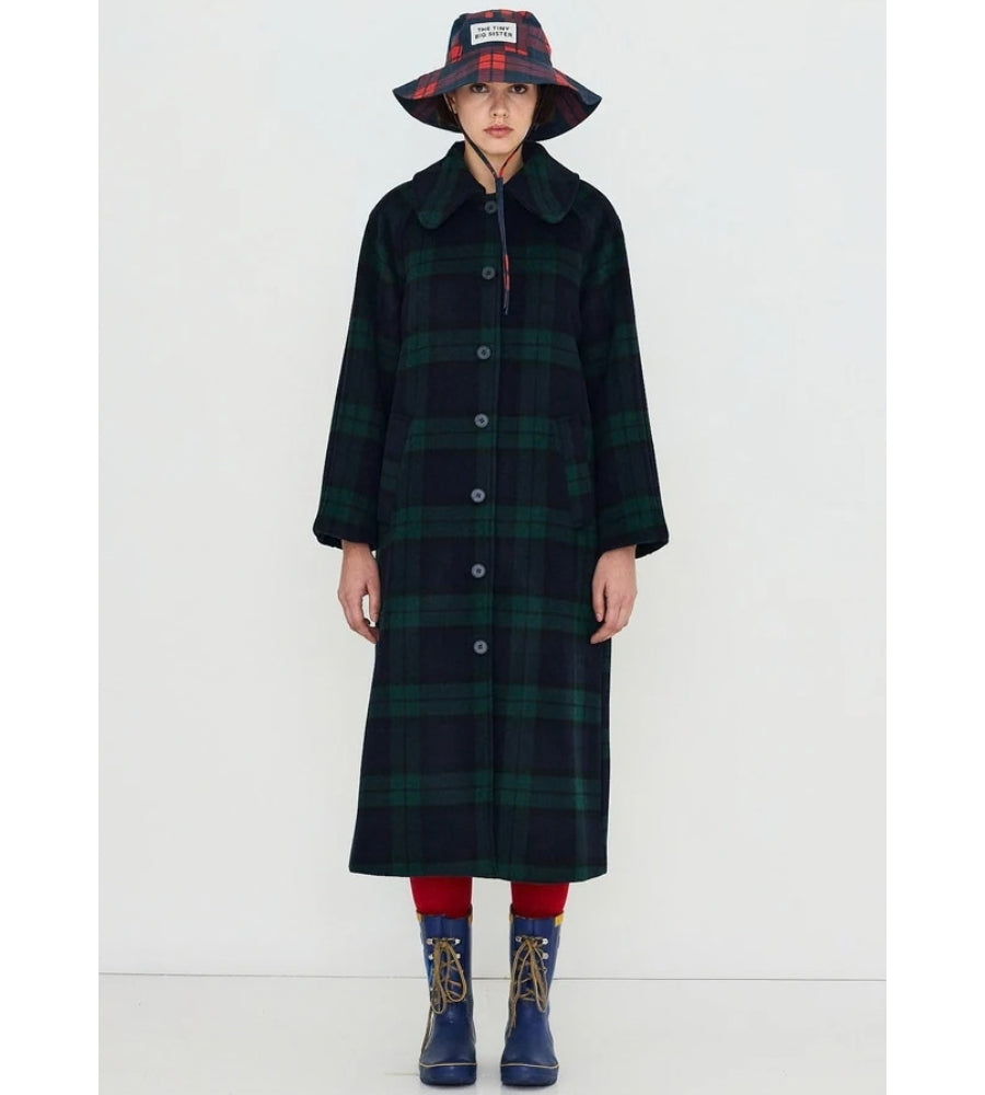 Long Check Coat - Navy