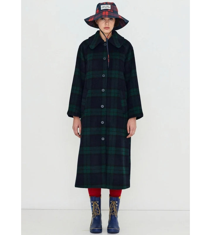 Long Check Coat - Navy