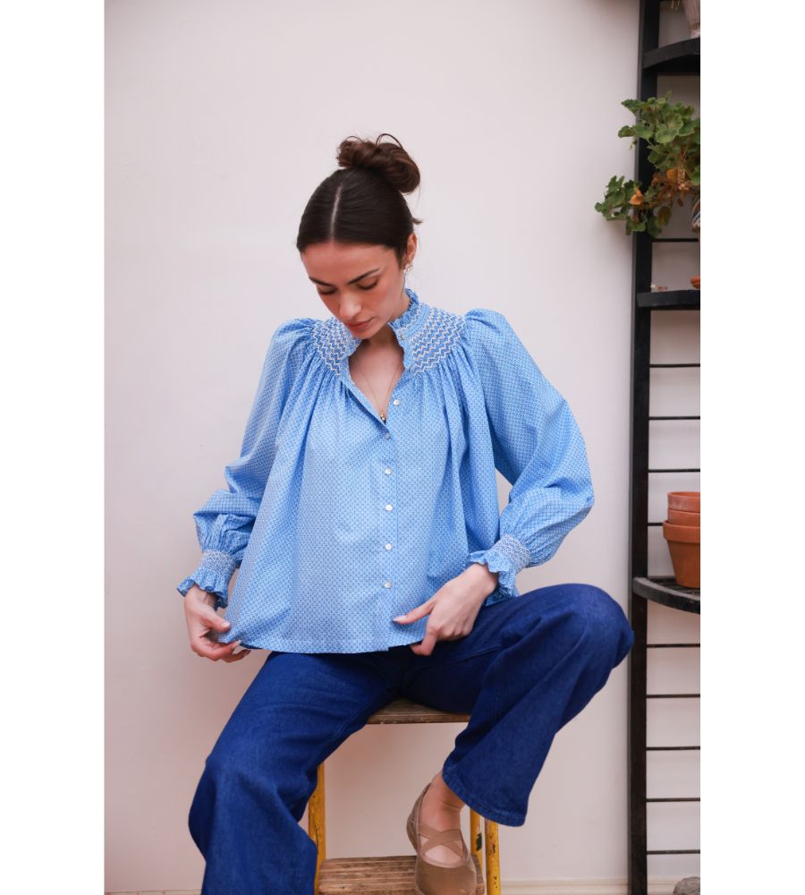 POM x Smock London Scholl Blouse - Paperwhite Ditsy