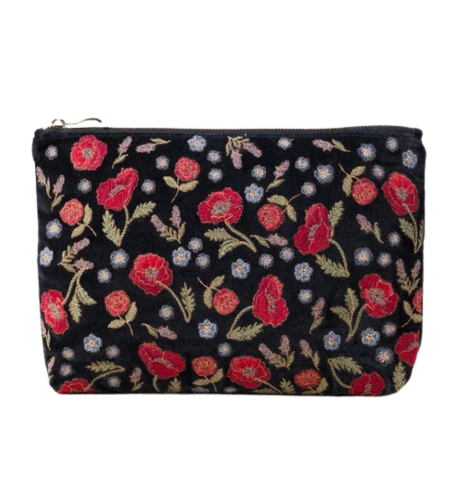 Poppy Meadow Velvet Everyday Pouch - Charcoal