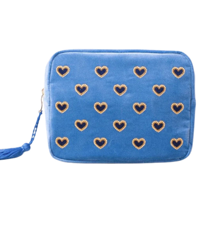 Love Hearts Velvet Wash Bag - Cornflower Blue