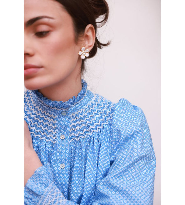 POM x Smock London Scholl Blouse - Paperwhite Ditsy