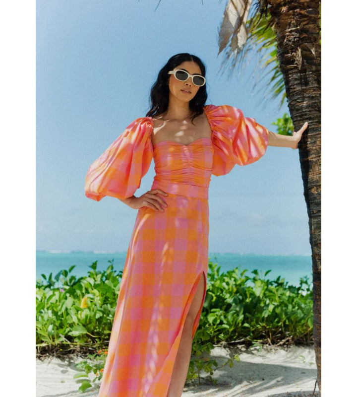 Violette Long Big Gingham Orange & Pink