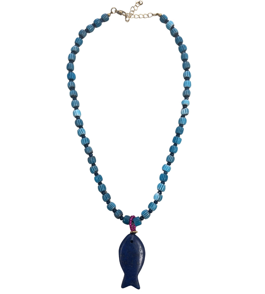 24621 Fish Beaded Necklace Lapis Blue