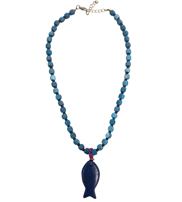 24621 Fish Beaded Necklace Lapis Blue
