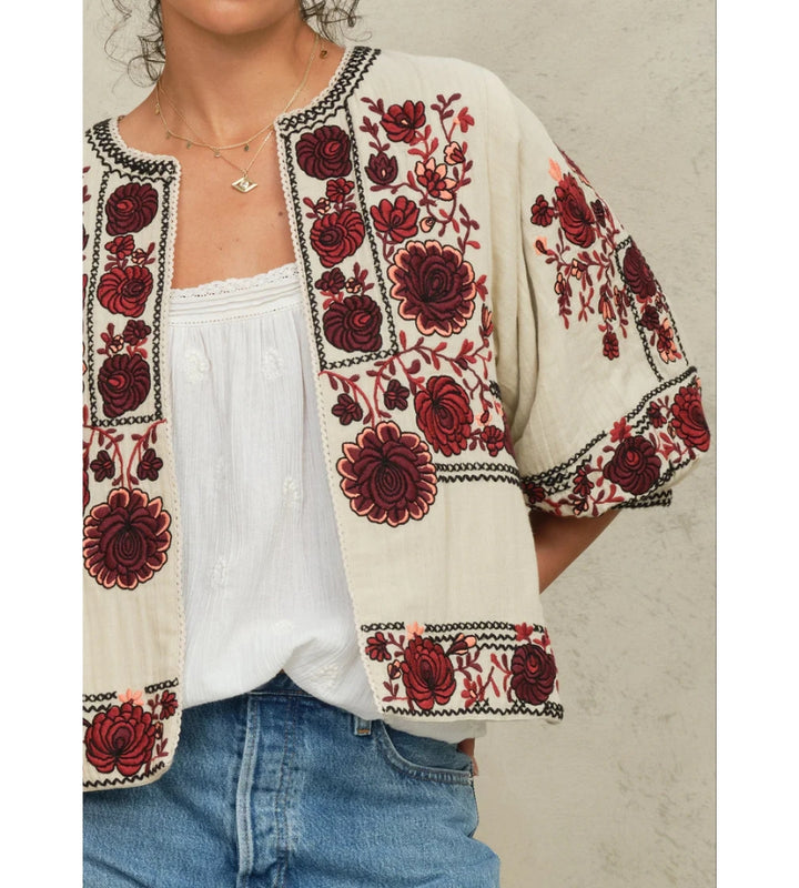 Greta Emb Jacket - Ecru/Dark Red