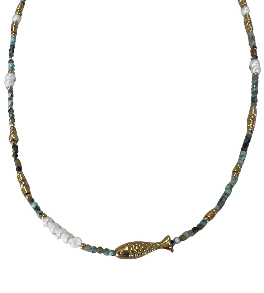 6645 Beaded Fish Necklace Turquoise