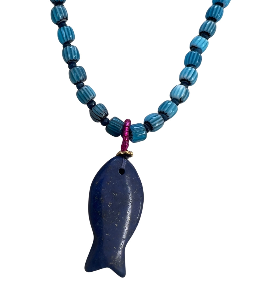 24621 Fish Beaded Necklace Lapis Blue