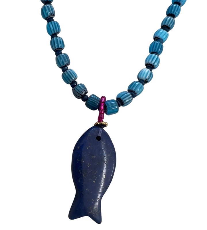 24621 Fish Beaded Necklace Lapis Blue