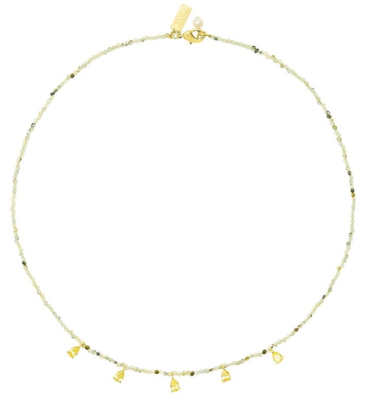 Beaded Necklace With CZ Drop - Green Jade/Yellow